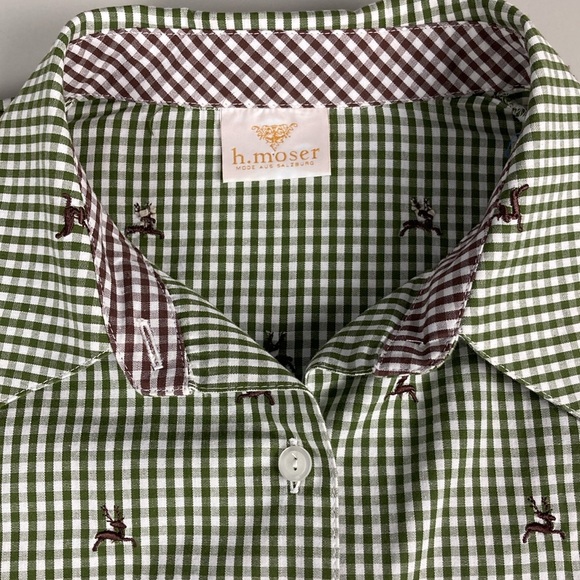 h. moser Salzberg Green Gingham Reindeer Button Front, Size EU 44/L - Picture 3 of 16